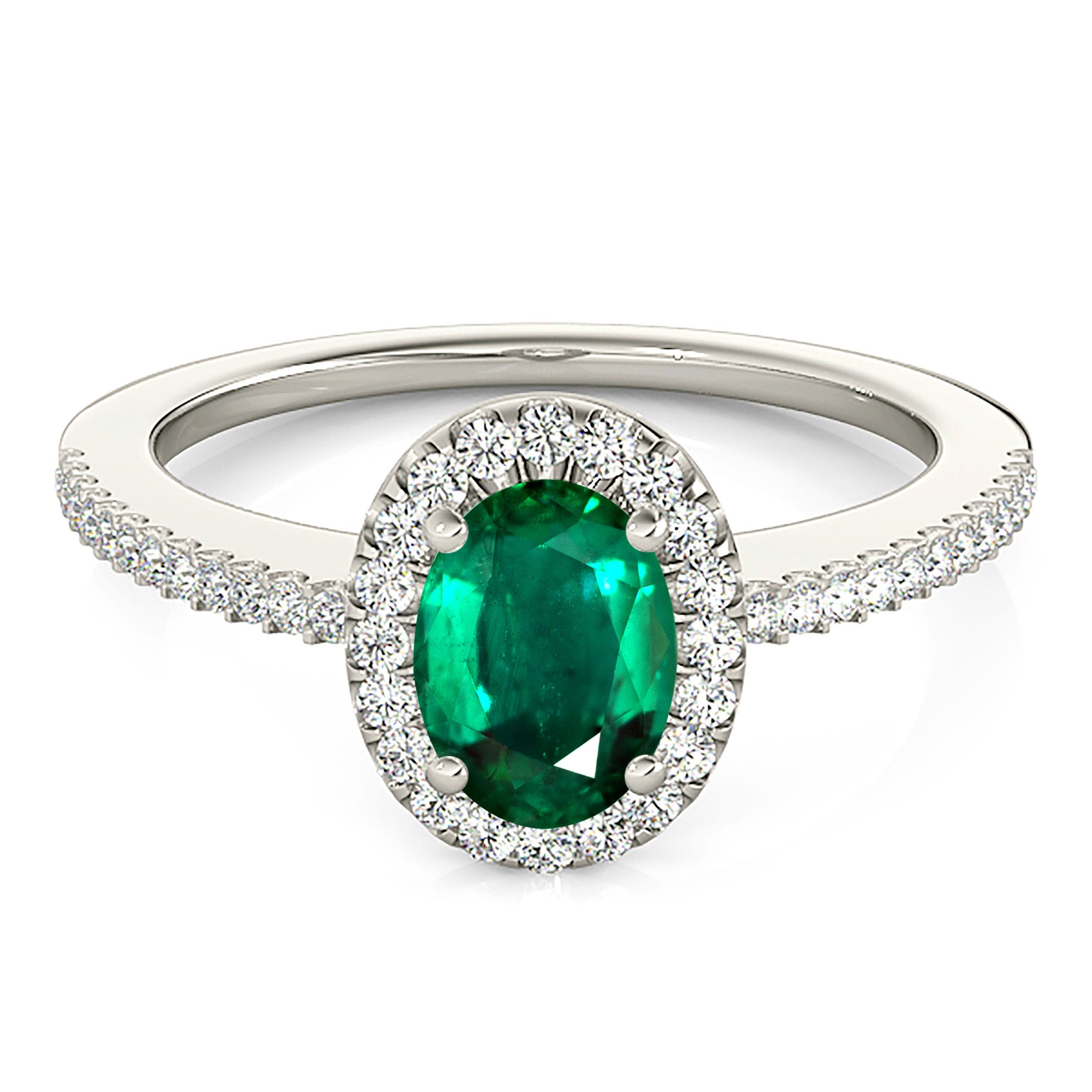 0.98 ct. Genuine Oval Emerald Ring With 0.20 ctw. Diamond Halo and Diamond Thin Shank-VIRABYANI